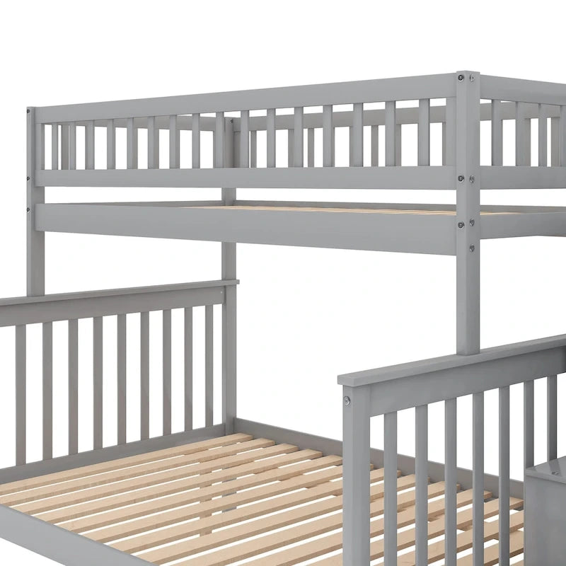 Lit superposé avec escalier de rangement, deux places en haut et grand lit en bas, gris