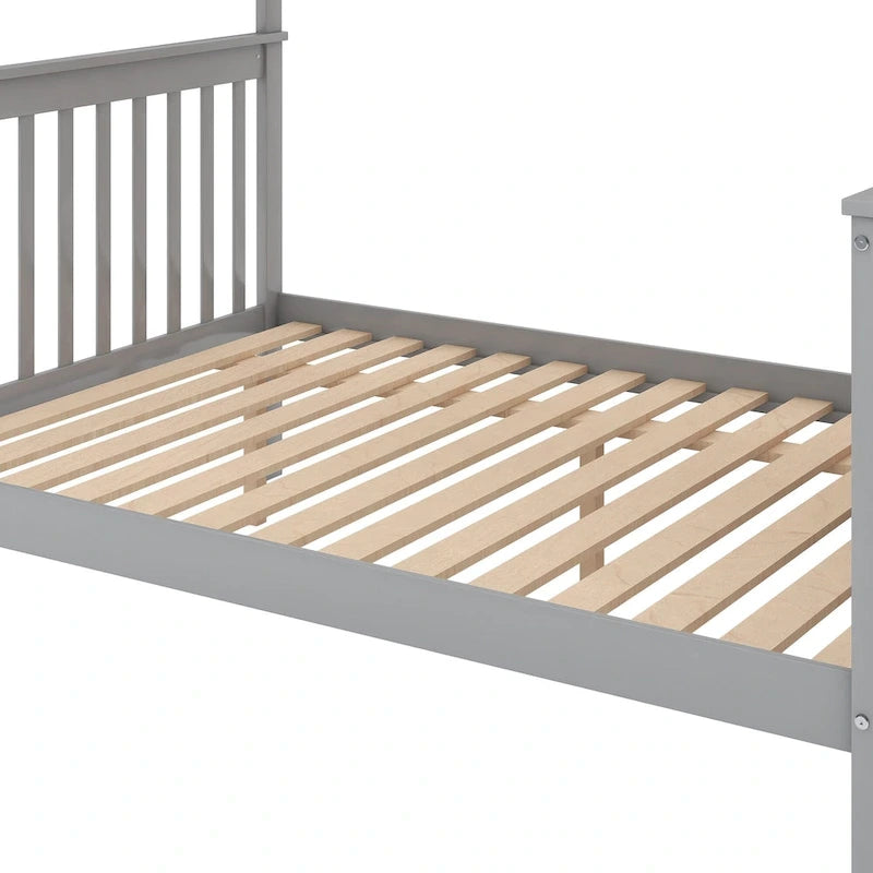 Lit superposé avec escalier de rangement, deux places en haut et grand lit en bas, gris