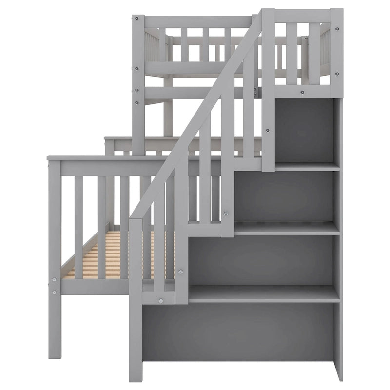 Lit superposé avec escalier de rangement, deux places en haut et grand lit en bas, gris