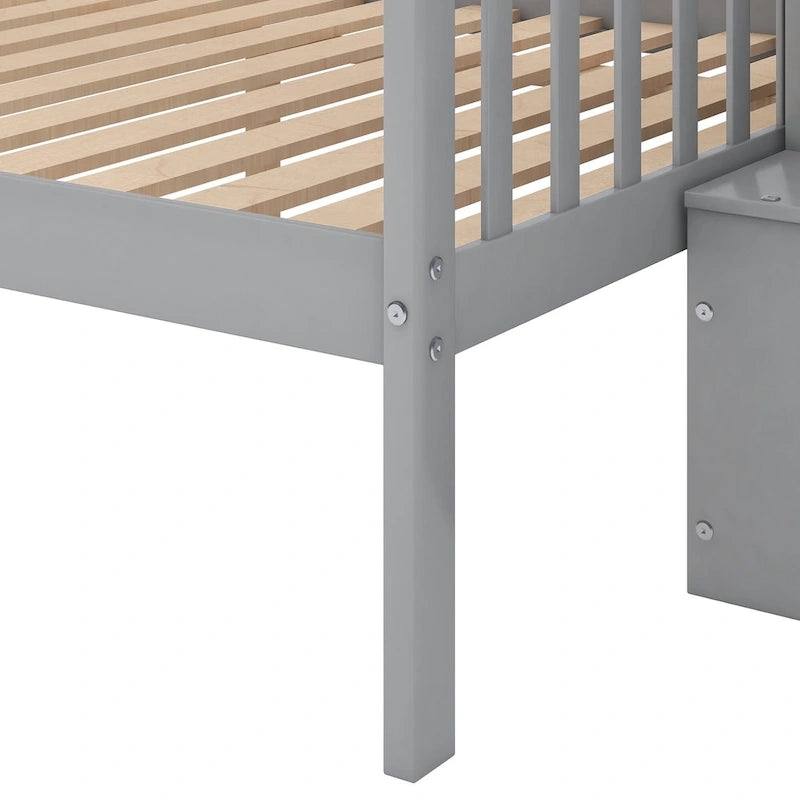 Lit superposé avec escalier de rangement, deux places en haut et grand lit en bas, gris