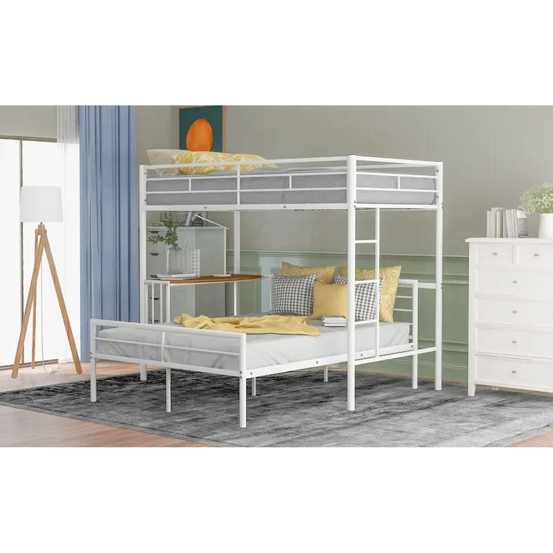 Lit superposé en métal double sur grand avec bureau, échelle et lattes de qualité pour chambre à coucher, blanc métallique_OLD SKU :LP000092AAK_