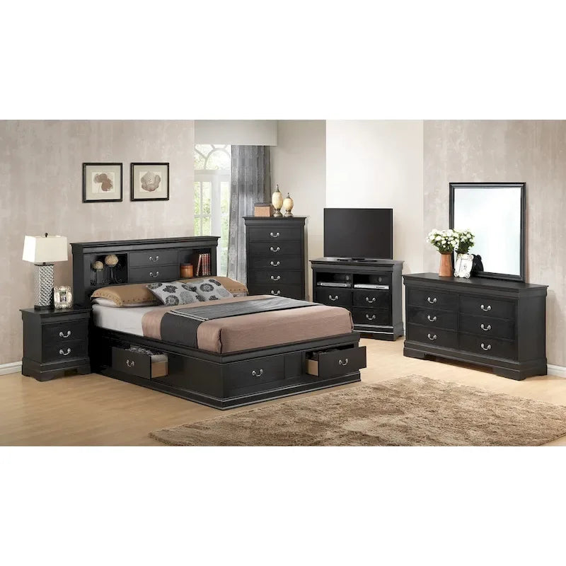 Lit plate-forme de rangement complet Louis Philippe avec 6 tiroirs de rangement