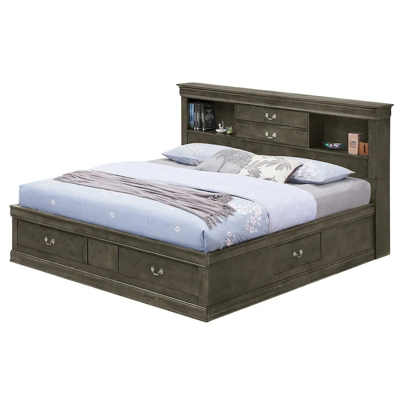 Lit plate-forme de rangement complet Louis Philippe avec 6 tiroirs de rangement