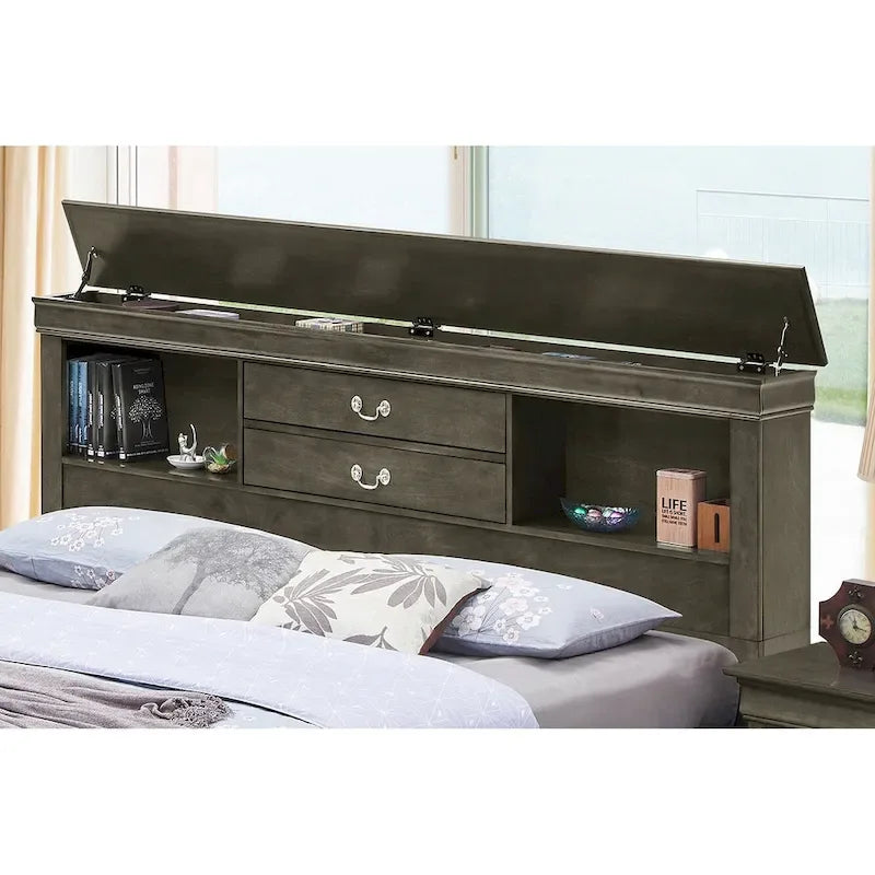Lit plate-forme de rangement complet Louis Philippe avec 6 tiroirs de rangement