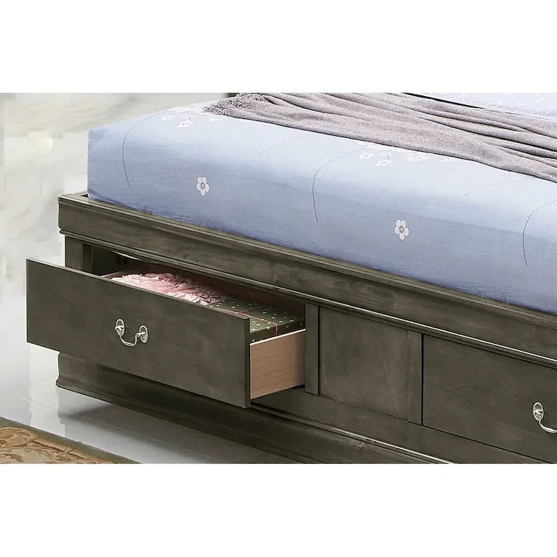 Lit plate-forme de rangement complet Louis Philippe avec 6 tiroirs de rangement