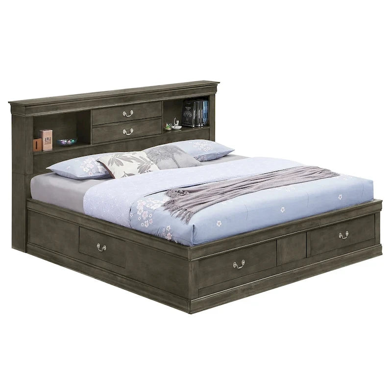 Lit plate-forme de rangement complet Louis Philippe avec 6 tiroirs de rangement