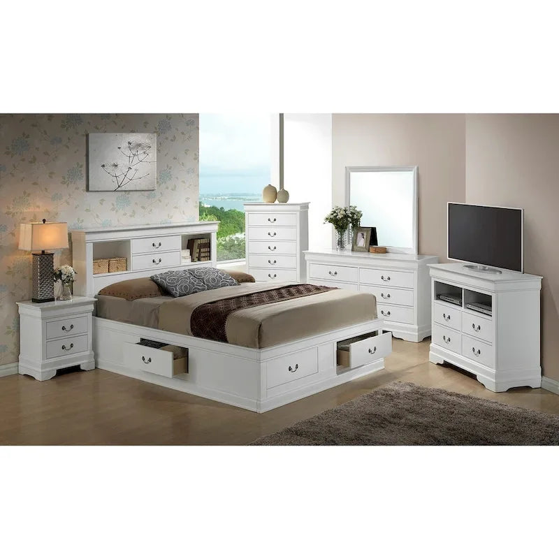 Lit plate-forme de rangement complet Louis Philippe avec 6 tiroirs de rangement