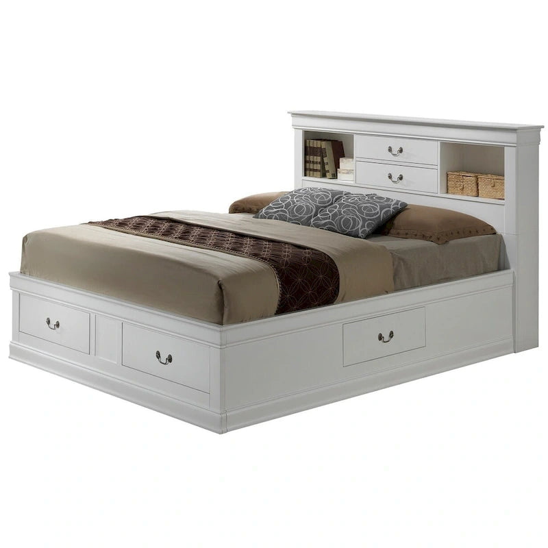 Lit plate-forme de rangement complet Louis Philippe avec 6 tiroirs de rangement