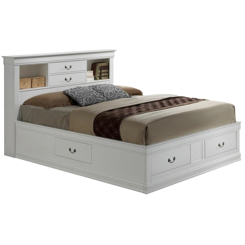 Lit plate-forme de rangement complet Louis Philippe avec 6 tiroirs de rangement