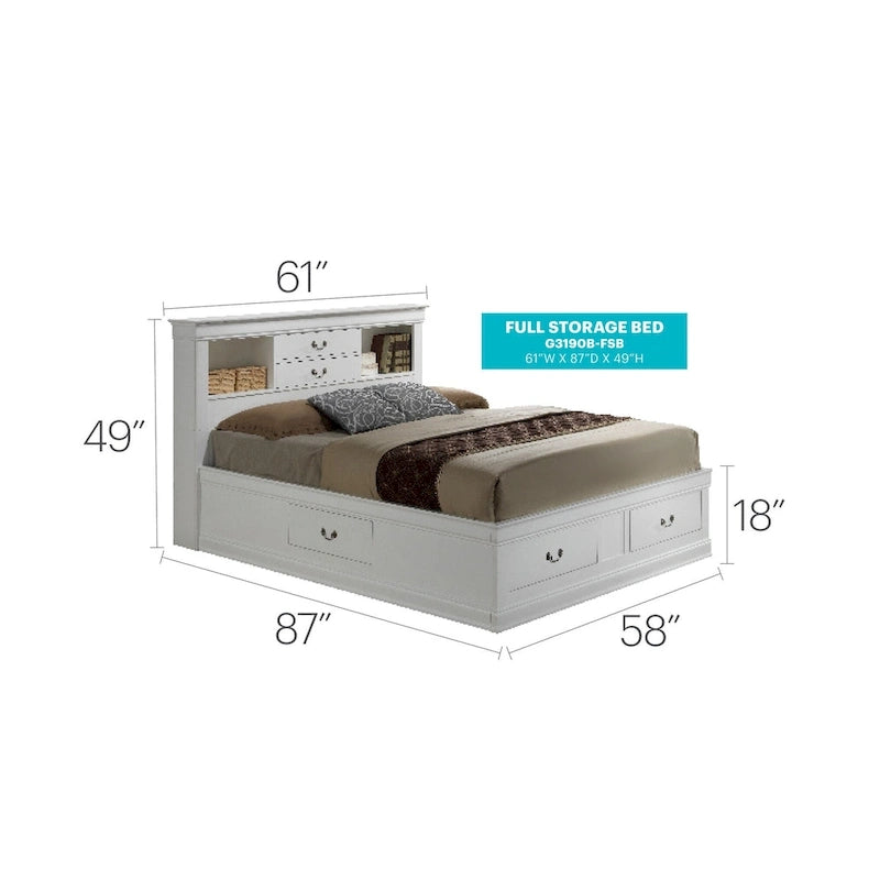 Lit plate-forme de rangement complet Louis Philippe avec 6 tiroirs de rangement