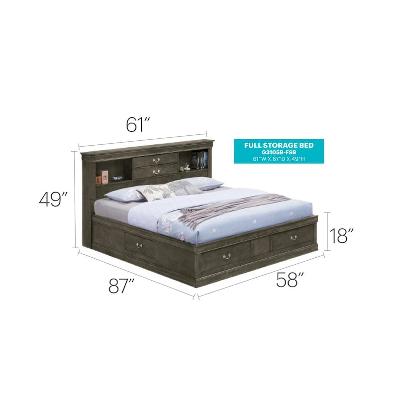 Lit plate-forme de rangement complet Louis Philippe avec 6 tiroirs de rangement