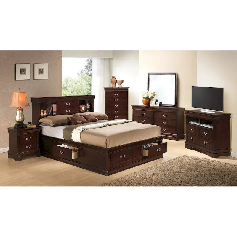 Lit plate-forme de rangement complet Louis Philippe avec 6 tiroirs de rangement