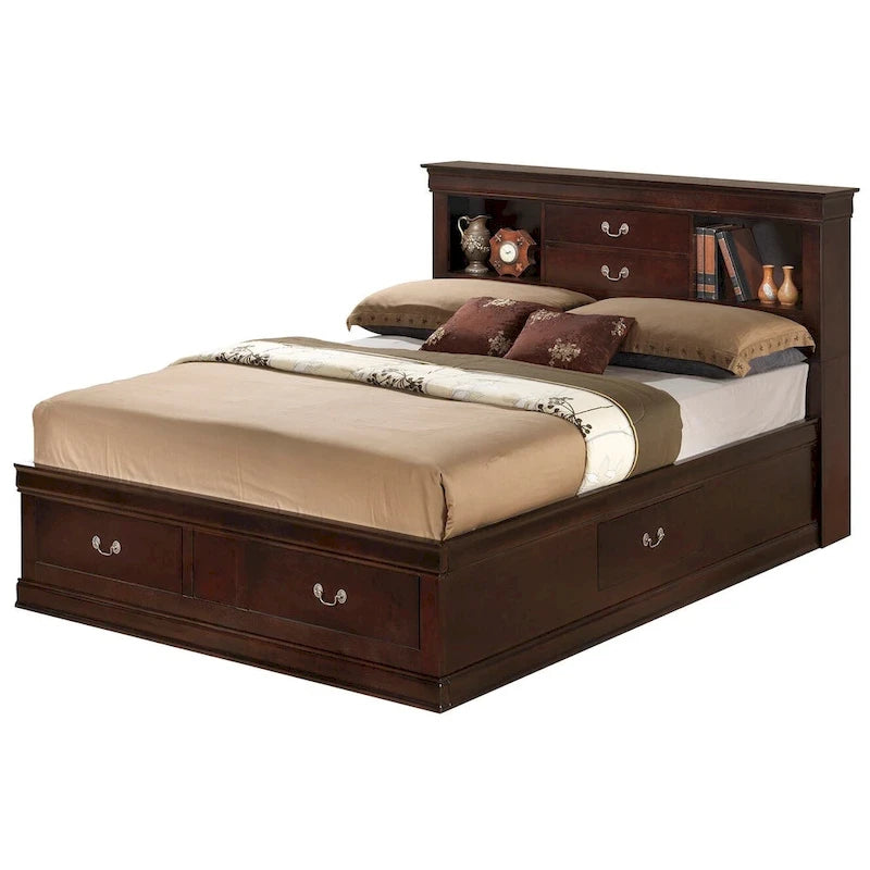Lit plate-forme de rangement complet Louis Philippe avec 6 tiroirs de rangement