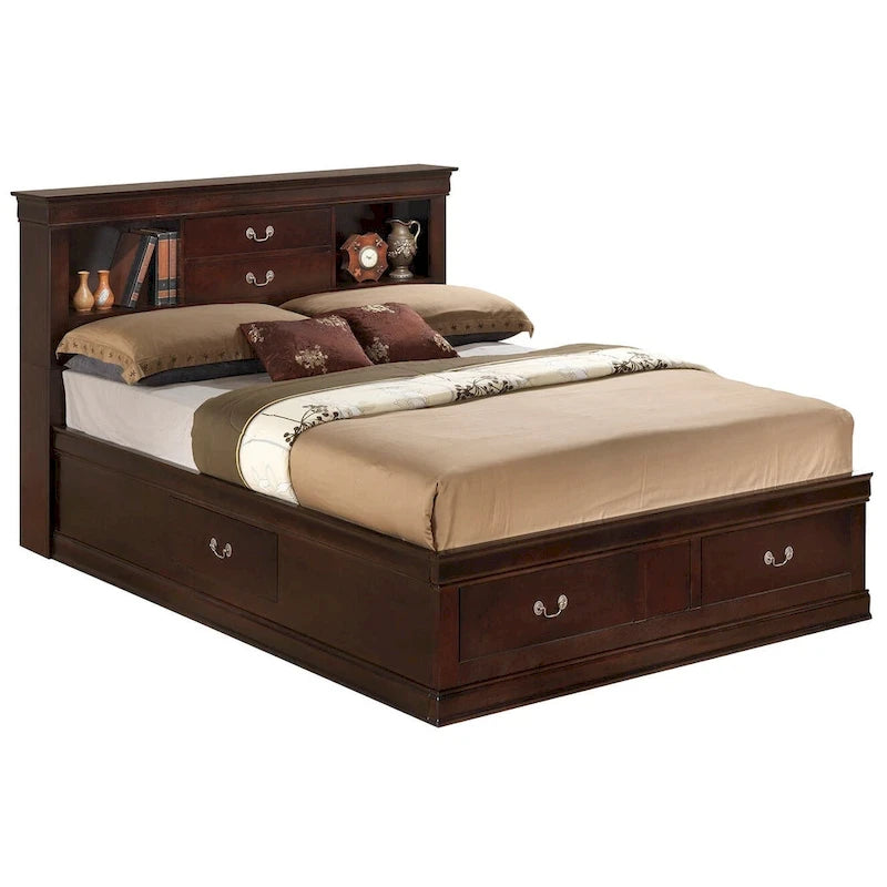 Lit plate-forme de rangement complet Louis Philippe avec 6 tiroirs de rangement