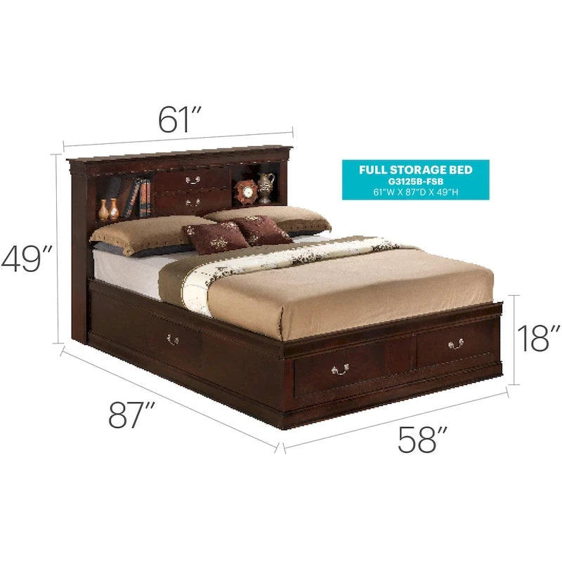 Lit plate-forme de rangement complet Louis Philippe avec 6 tiroirs de rangement