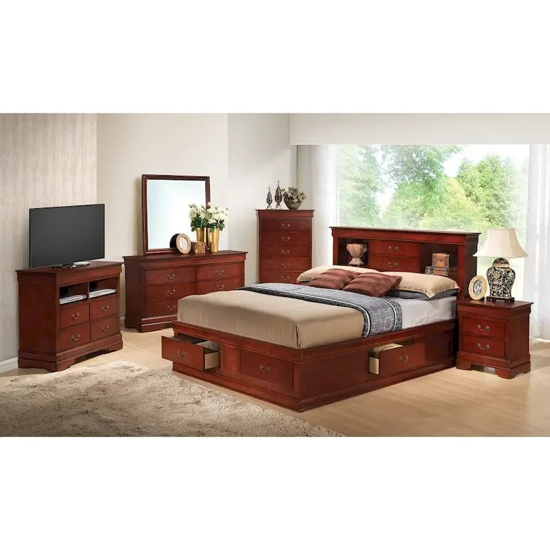Lit plate-forme de rangement complet Louis Philippe avec 6 tiroirs de rangement