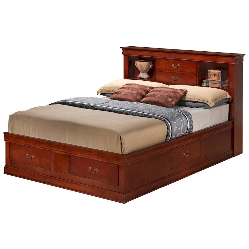 Lit plate-forme de rangement complet Louis Philippe avec 6 tiroirs de rangement