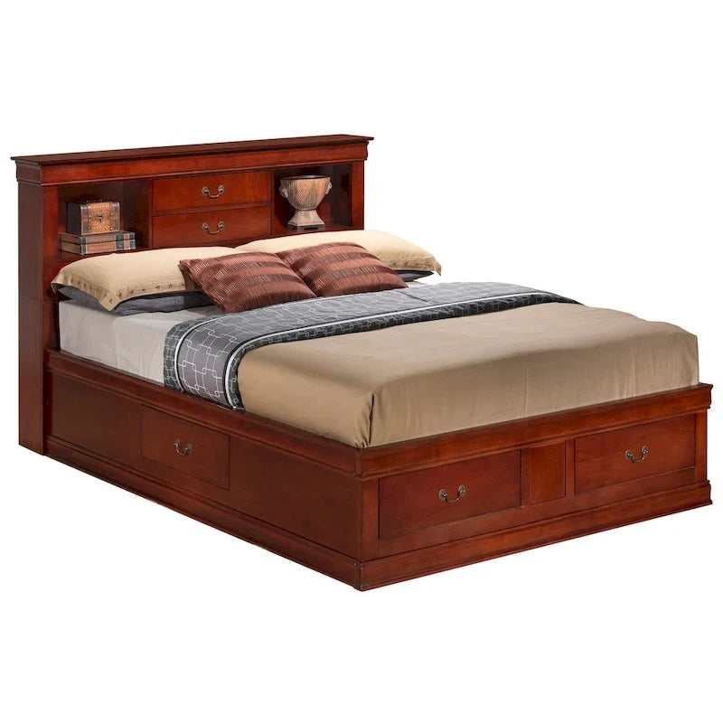 Lit plate-forme de rangement complet Louis Philippe avec 6 tiroirs de rangement