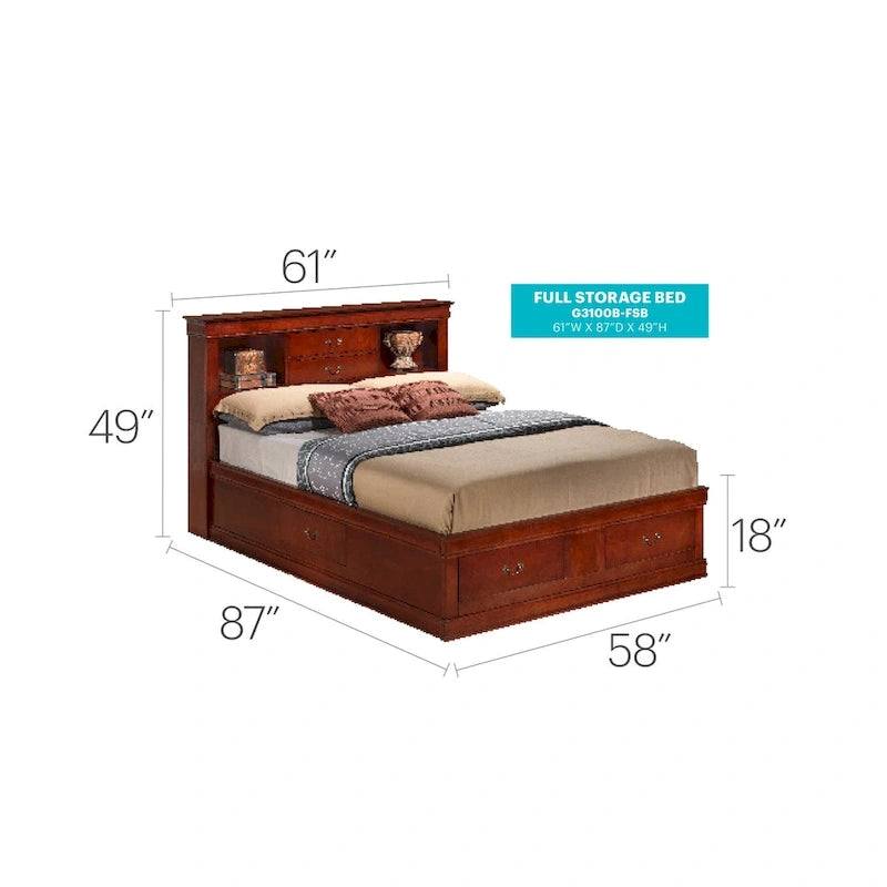 Lit plate-forme de rangement complet Louis Philippe avec 6 tiroirs de rangement