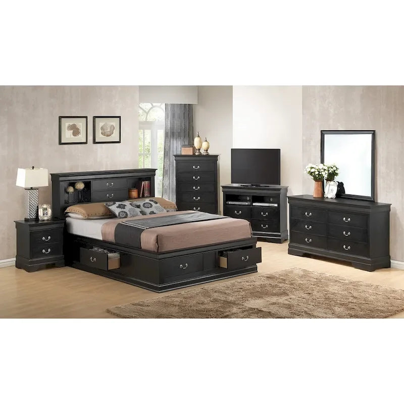 Lit plate-forme de rangement complet Louis Philippe avec 6 tiroirs de rangement