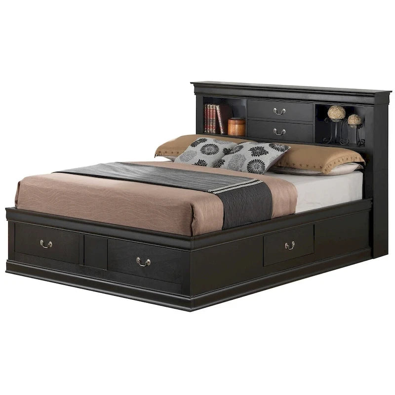 Lit plate-forme de rangement complet Louis Philippe avec 6 tiroirs de rangement