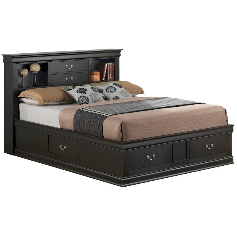Lit plate-forme de rangement complet Louis Philippe avec 6 tiroirs de rangement