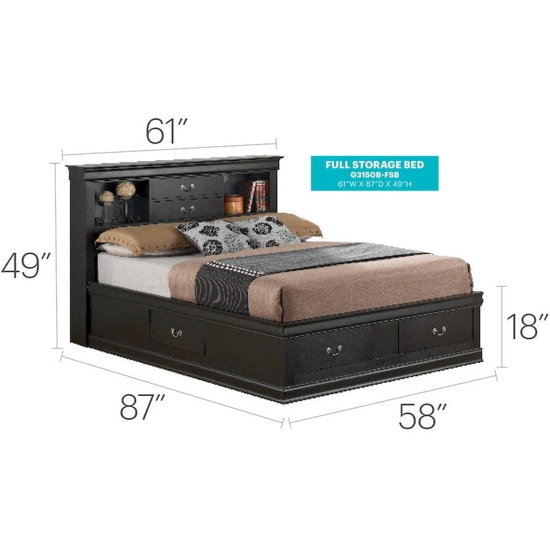 Lit plate-forme de rangement complet Louis Philippe avec 6 tiroirs de rangement