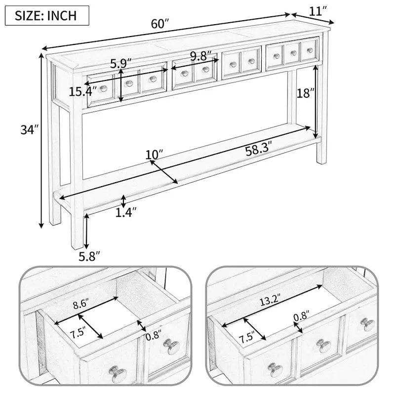 Console de 60" Merax avec tiroirs de différentes tailles et étagère inférieure