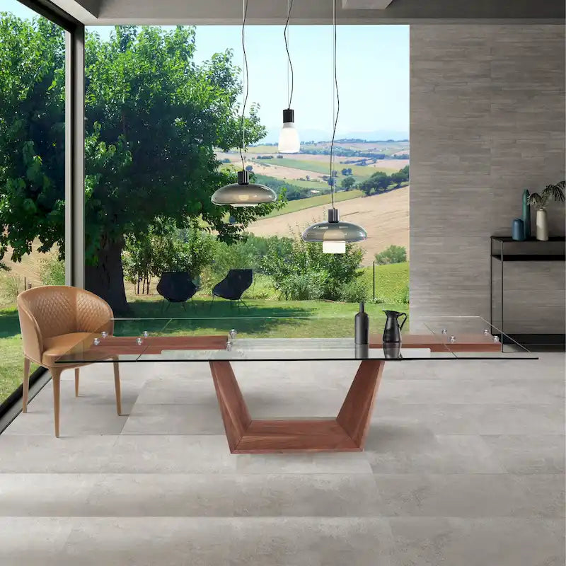 Table à manger extensible Davee Furniture avec plateau en verre transparent et pieds en bois - 70,87/106,31*35,43*29,53 pouces