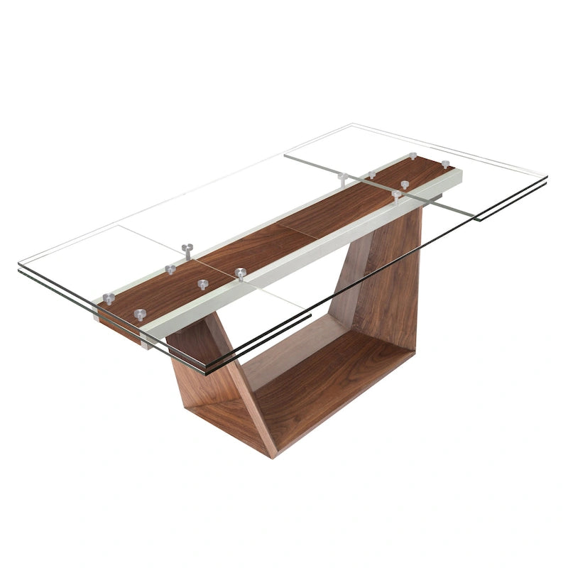 Table à manger extensible Davee Furniture avec plateau en verre transparent et pieds en bois - 70,87/106,31*35,43*29,53 pouces