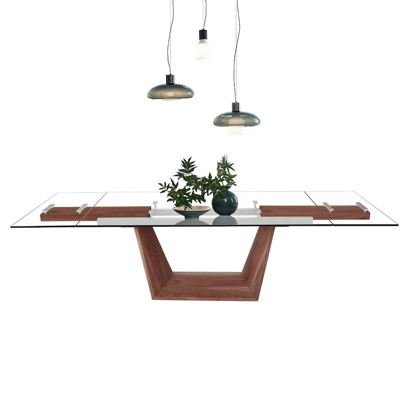 Table à manger extensible Davee Furniture avec plateau en verre transparent et pieds en bois - 70,87/106,31*35,43*29,53 pouces