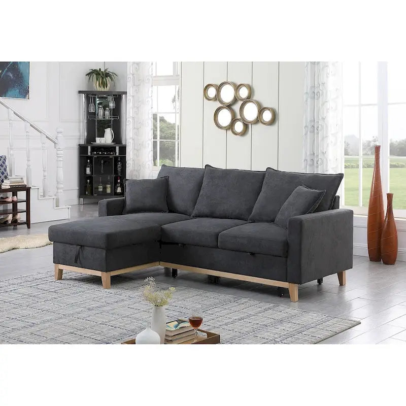 Canapé d'angle réversible tissé avec coffre de rangement, gris foncé