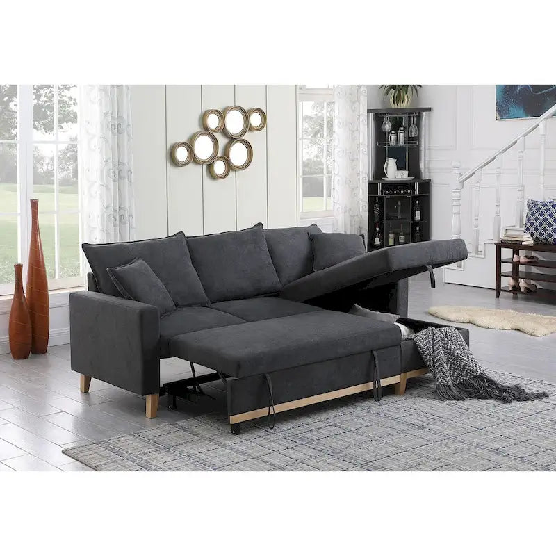 Canapé d'angle réversible tissé avec coffre de rangement, gris foncé