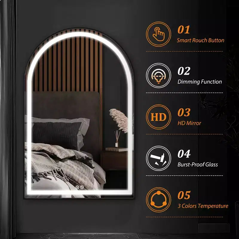 Dovelina Miroir LED arqué de salle de bain avec fonction anti-buée
