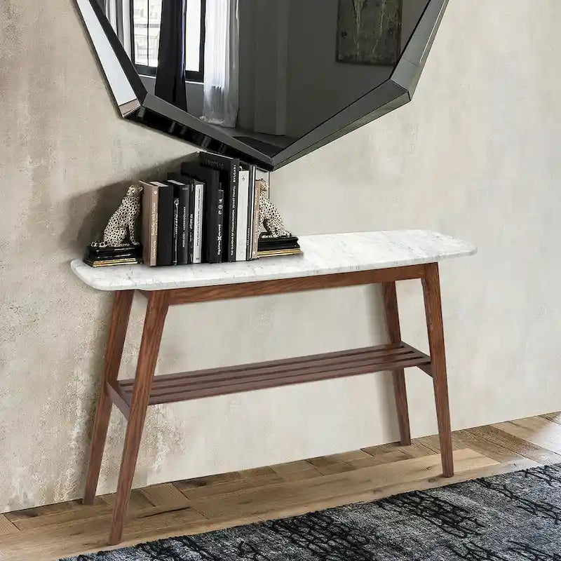 Console Castello 43 rectangulaire italienne en marbre blanc de Carrare avec étagère – 109 L x 30 l x 79 H cm – 109 L x 30 l x 79 H cm