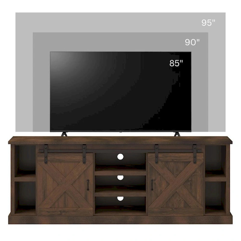 Meuble TV Bridgevine Home Farmhouse de 85 po pour téléviseurs jusqu'à 95 po, aucun assemblage requis, fini whisky vieilli