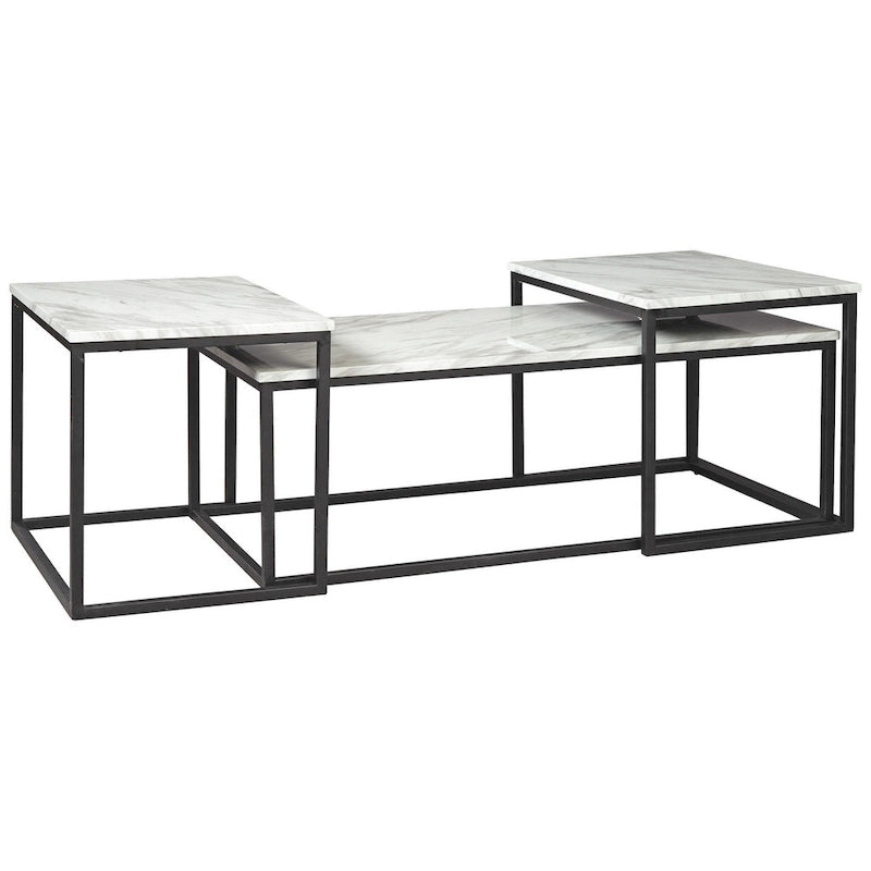 Table d'appoint 3 pièces, Structure métallique, Plateau en marbre, Blanc et Noir