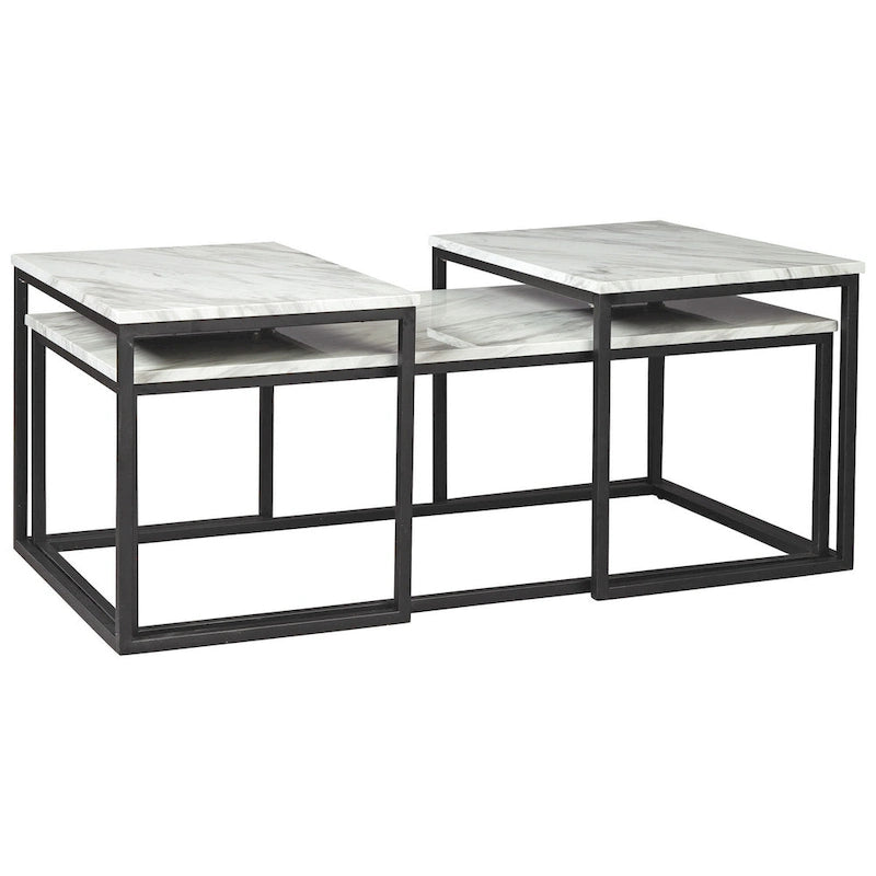 Table d'appoint 3 pièces, Structure métallique, Plateau en marbre, Blanc et Noir