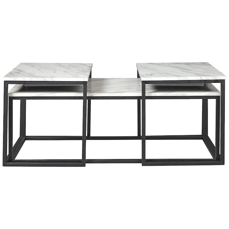 Table d'appoint 3 pièces, Structure métallique, Plateau en marbre, Blanc et Noir