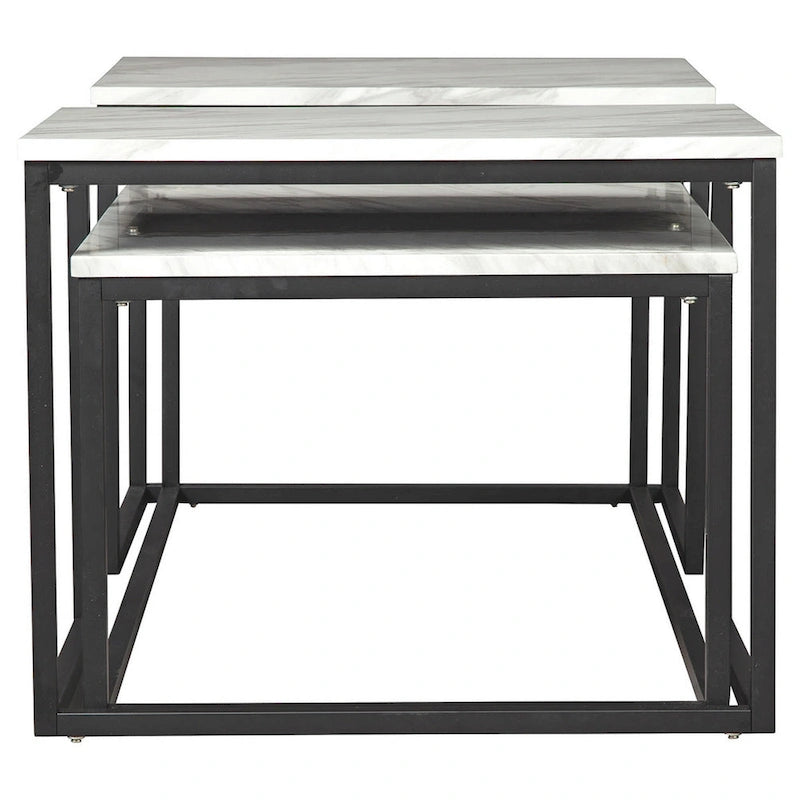 Table d'appoint 3 pièces, Structure métallique, Plateau en marbre, Blanc et Noir