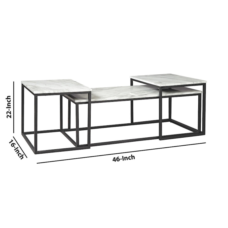 Table d'appoint 3 pièces, Structure métallique, Plateau en marbre, Blanc et Noir