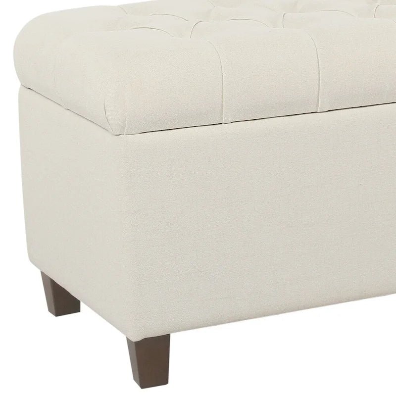 Banc en bois capitonné en tissu avec rangement à charnières, blanc et marron