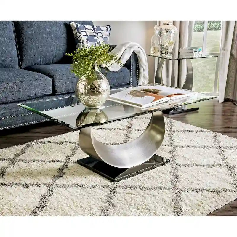 Ensemble table basse et table d'appoint 2 pièces en U avec plateau en verre de 122 cm Heer Contemporary Silver par Furniture of America