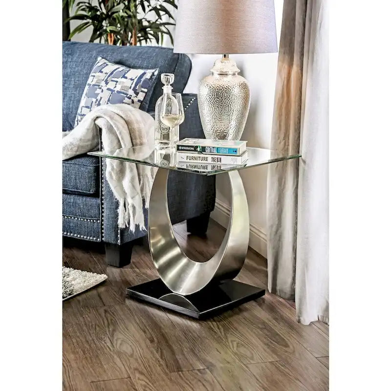 Ensemble table basse et table d'appoint 2 pièces en U avec plateau en verre de 122 cm Heer Contemporary Silver par Furniture of America
