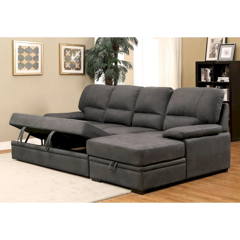 Canapé d'angle convertible contemporain Werr avec revêtement en faux nabuck et rangement sous la méridienne par Furniture of America