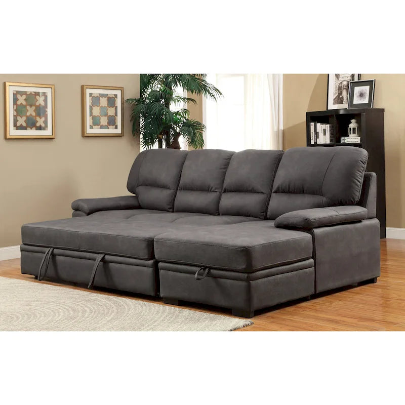 Canapé d'angle convertible contemporain Werr avec revêtement en faux nabuck et rangement sous la méridienne par Furniture of America