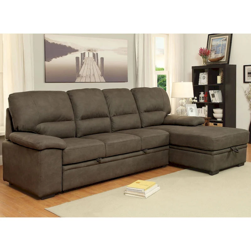 Canapé d'angle convertible contemporain Werr avec revêtement en faux nabuck et rangement sous la méridienne par Furniture of America
