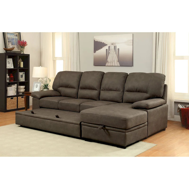 Canapé d'angle convertible contemporain Werr avec revêtement en faux nabuck et rangement sous la méridienne par Furniture of America