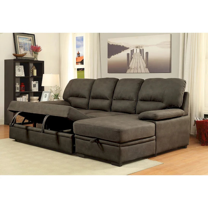 Canapé d'angle convertible contemporain Werr avec revêtement en faux nabuck et rangement sous la méridienne par Furniture of America