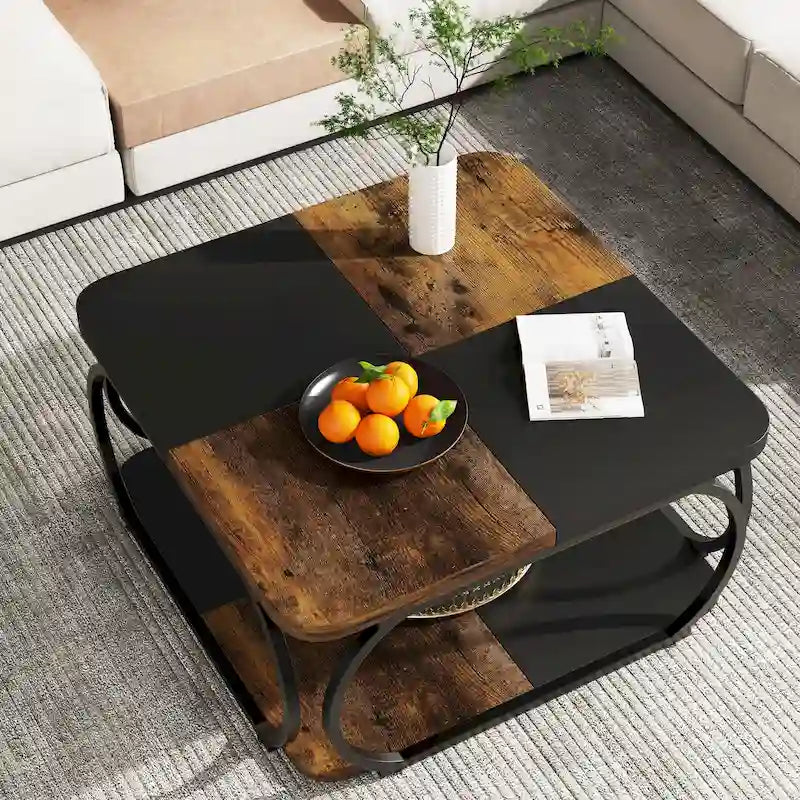 Table basse carrée à 2 niveaux de 99 cm avec cadre en métal pour salon